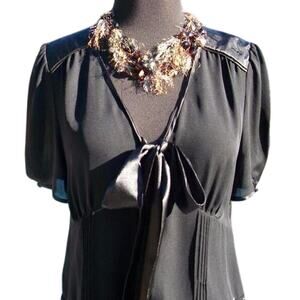 Cache Black Silk Ruched Front Button Self Tie Peek A Boo Sheer Top New $118 NWT